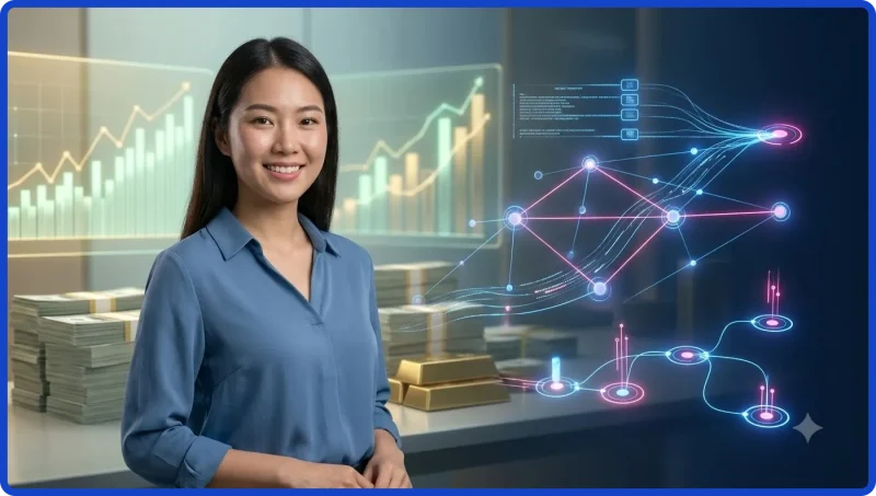 Minh họa xu hướng tăng trưởng của đề 4 càng trên nền tảng trực tuyến với biểu đồ ánh sáng holographic