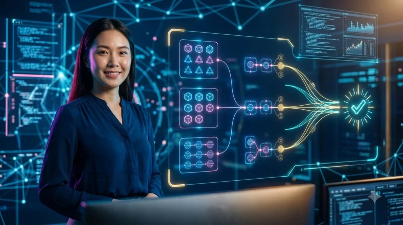 Người chơi cầm bộ bài phỏm trên bàn với lá bài sáng bóng neon