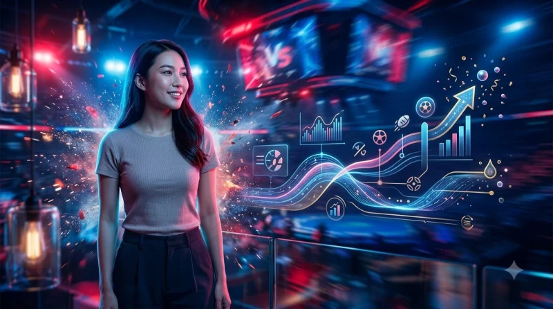 Người chơi quan sát biểu đồ mức cược tối thiểu và tối đa dưới dạng holographic bar chart