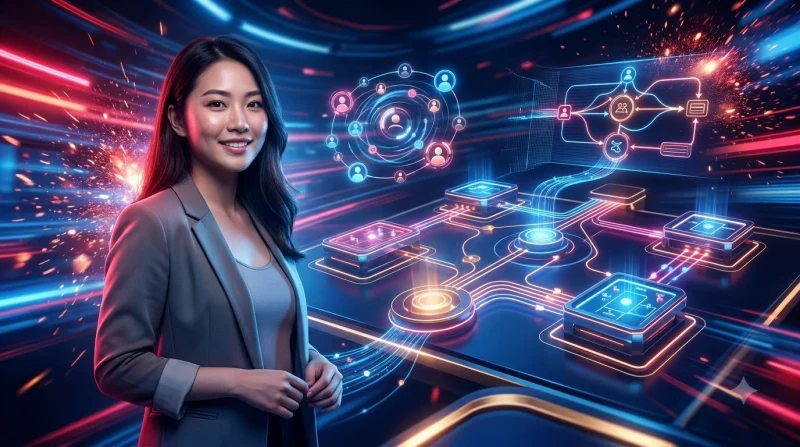Người chơi quan sát nhiều bàn cược holographic trong không gian lounge premium với ánh sáng neon