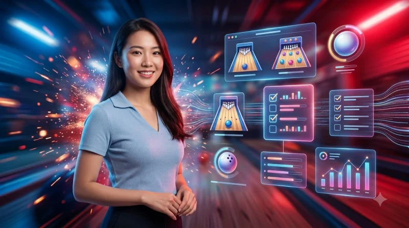 Người chơi xem xét các tiêu chí chọn bàn qua giao diện holographic checklist trên bàn làm việc premium